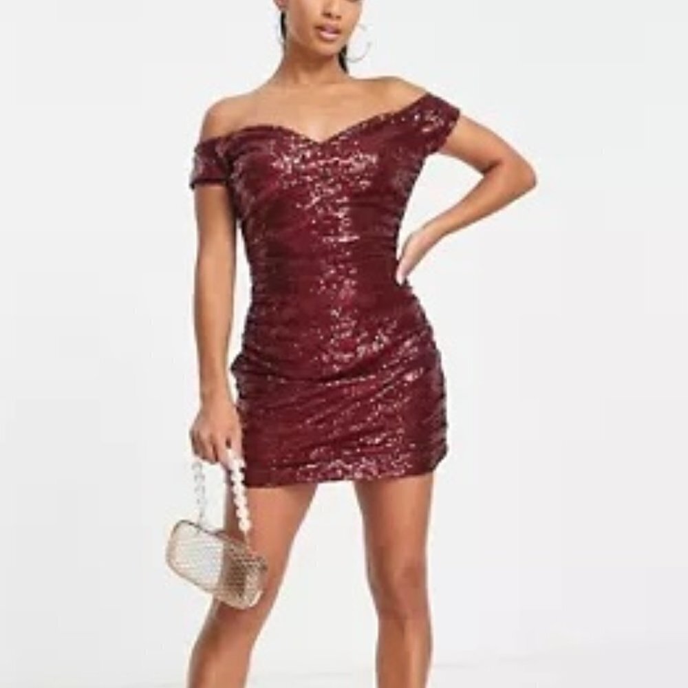 Sequin sexy off shoulder cap sleeve party mini dress - red - size 0 (petite)